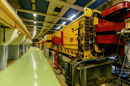 Scientific equipment of hadron collider in empty hallway. Old industrial center with technology for...