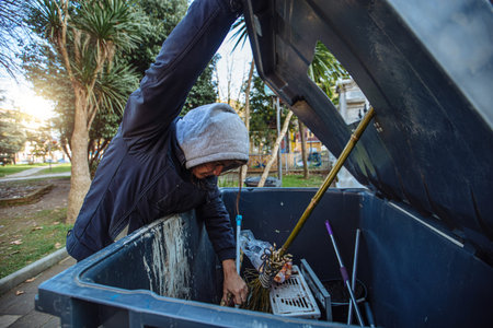 Homeless man looking into trash box in search for food on church background. Homelessness problem...