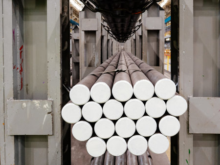 Packs of rolled metal bars on the shelves.