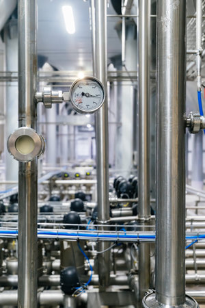 Large industrial stainless steel pipes and pressure gauge in modern brewery.