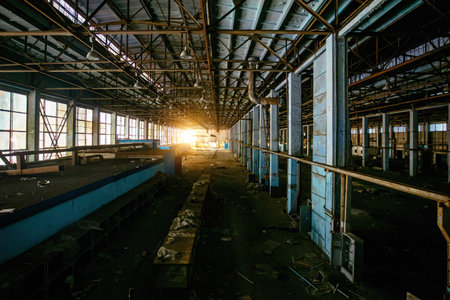 Old broken empty abandoned industrial building interior.