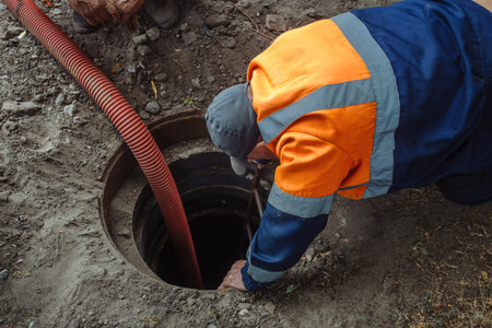 Sewer worker cleaning manhole and unblocking sewers the street sidewalk