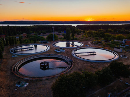 Modern sewage treatment plant, aerial view from drone.