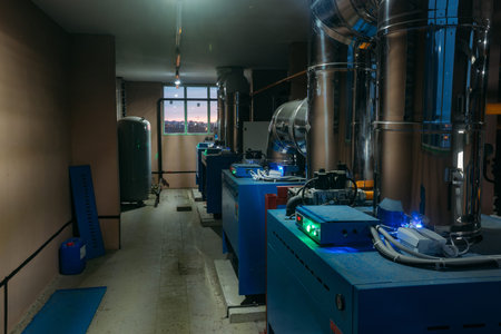 Modern house heating equipment and duct pipes at attic.