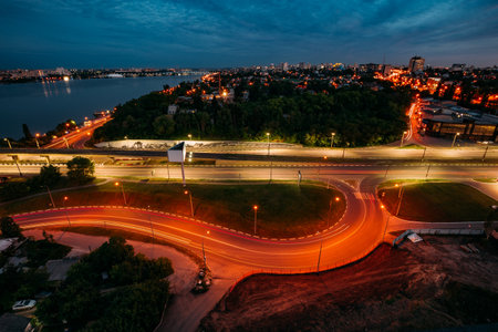Night Voronezh cityscape. Transport junction, aerial view.の写真素材
