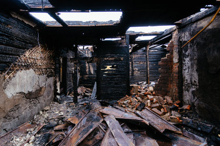 Aftermath of fire. Completely burnt house interior.の写真素材
