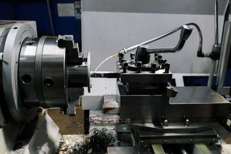 Working lathe with liquid coolant, close up.