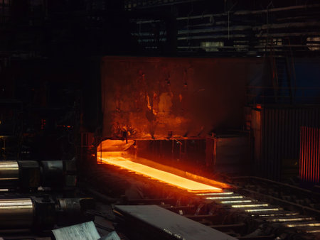 Rolled metal factory. Hot iron slab moving on conveyor of metal rolling mill.の写真素材