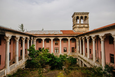 Ruined overgrown old abandoned Soviet sanatorium Gelati, Tskaltubo, Georgia