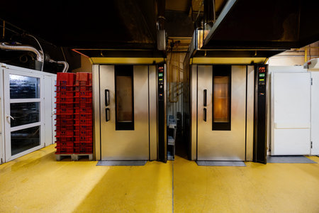 Modern bakery in confectionery factory. Industrial ovens for baking biscuits, cakes and cookies.