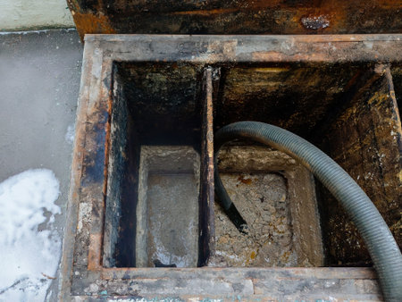 Waste pumping from the sewer. Mud and sludge removing by pumping hose.