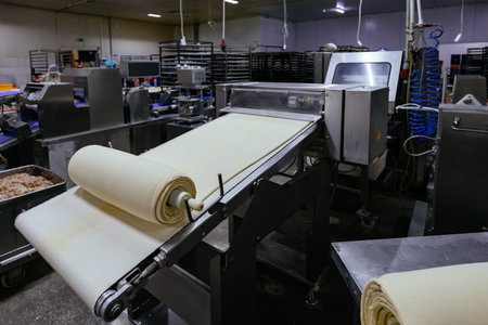 Machines for rolling out pastry dough to consistent thickness in modern bakery.の写真素材
