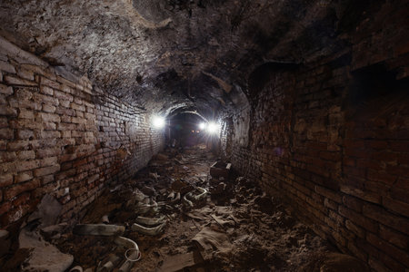 Dark dirty red brick abandoned tunnel.の写真素材