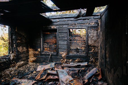 Aftermath of fire. Completely burnt house interior.の写真素材