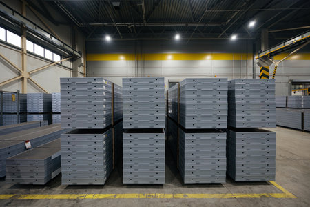 Packages of construction formwork. Construction materials stacked in factory warehouse.の写真素材