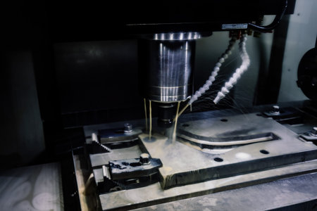Milling machine with liquid coolant, close up.