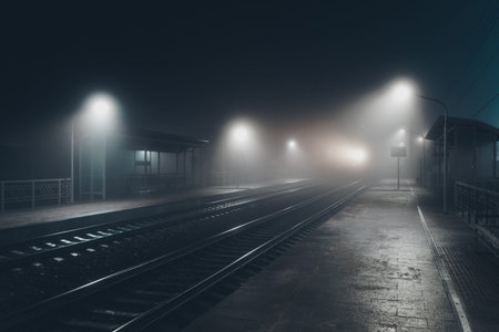 Foggy railway station, railroad tracks in the fog.