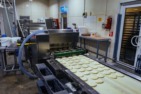 Modern bakery production line. Raw loafs on conveyor belt.の写真素材