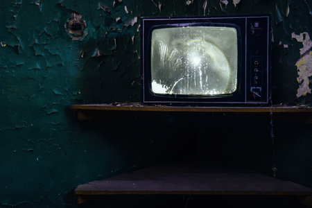 Creepy broken television in dirty room of abandoned house.の写真素材