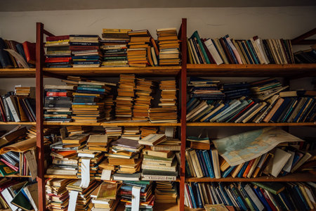 Old books on shelves in cabinet of abandoned library.