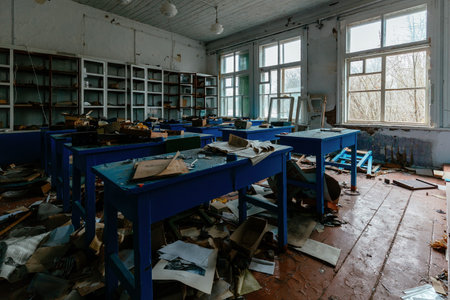 Ruined classroom in abandoned school.
