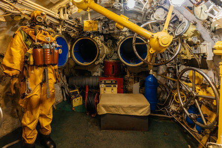 Inside old diesel military submarine.の写真素材