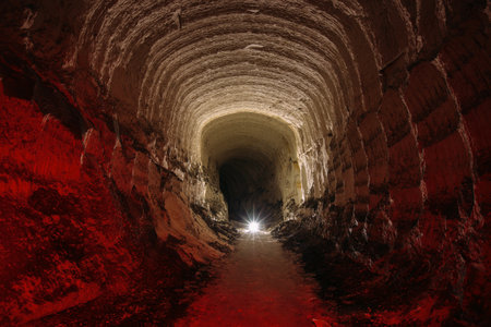 Chalky mine tunnel with traces of drilling machine, Belgorod, Russia.の写真素材