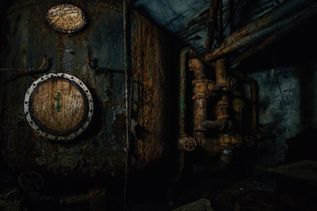 Old rusty vat and pipes in underground basement.の写真素材