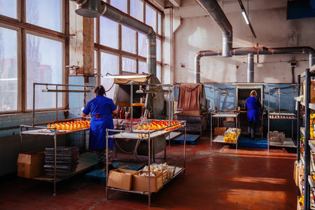 Worker operates plastic stamping forming machine in workshop.の写真素材