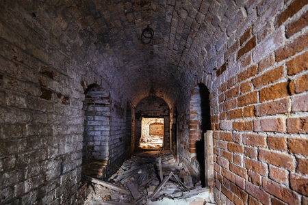Red brick underground historical tunnel.の写真素材