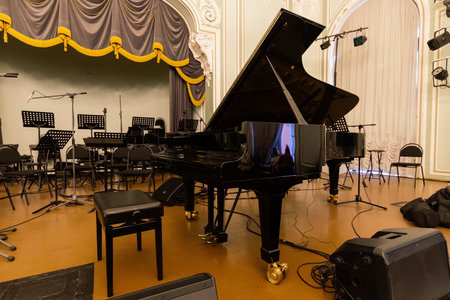 Piano at concert hall stage.の写真素材