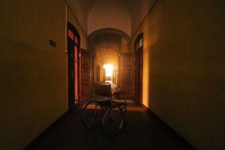 Inside old Asylum for the insane. Dark creepy abandoned mental hospital.