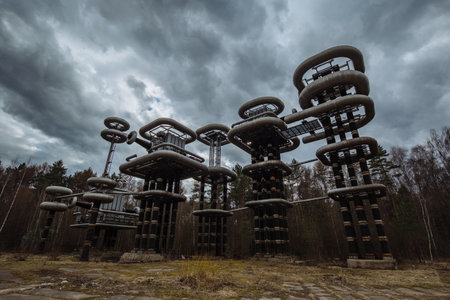 Tesla coil towers experimental stands of the High Voltage Research Center.の写真素材