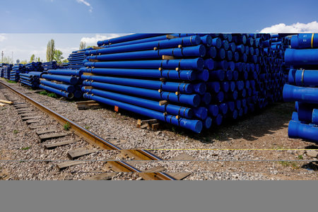 Stack of pipes in loading area waiting for transportation.の写真素材