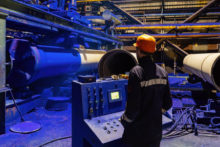 Factory engineer operates pipe painting automatic machine