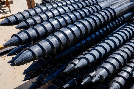 Stack of screw piles for house foundation.の写真素材