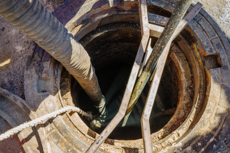 Process of cleaning up sewage collector. Pumping out household septic tank.の写真素材