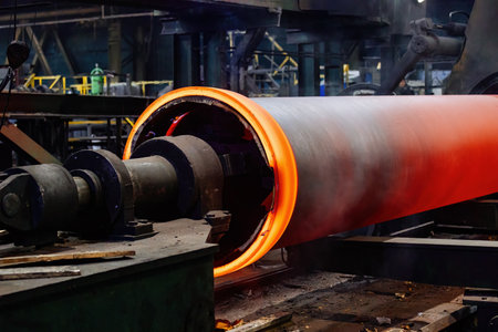 Iron pipe centrifugal pipe casting, new red hot freshly cast iron pipe at the foundry.の写真素材