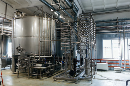 Modern brewery production line, vats and pipeline.の写真素材