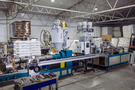 Modern polymer extrusion production line. Flat drip Irrigation tape and pipe production line.