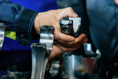Process of assembling of engine, close up.