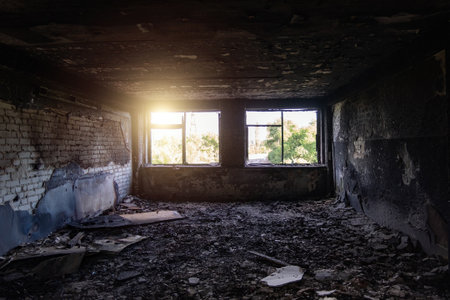 Burned interiors after fire in industrial or office building.の写真素材