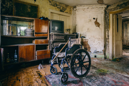 Empty wheelchair in old abandoned house.の写真素材