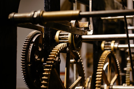Old clock mechanism, clock gears, close up.