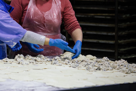 Baker kneading dough and making pies at bakeryの写真素材