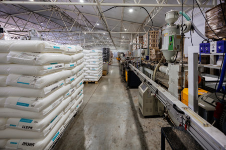 Modern polymer extrusion production line. Flat drip Irrigation tape and pipe production line in Voronezh, Russia, June 27, 2025.の写真素材