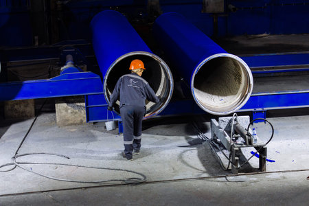 Worker painting new cast iron pipes.