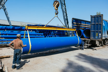 Loading cast iron pipe into truck for transportation by overhead crane.