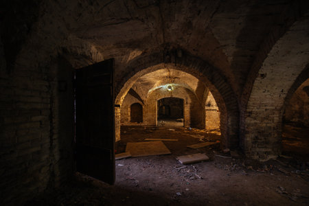Dark and creepy vaulted red brick cellar under old castle.の写真素材