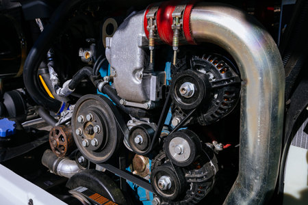 Opened bus diesel engine system.